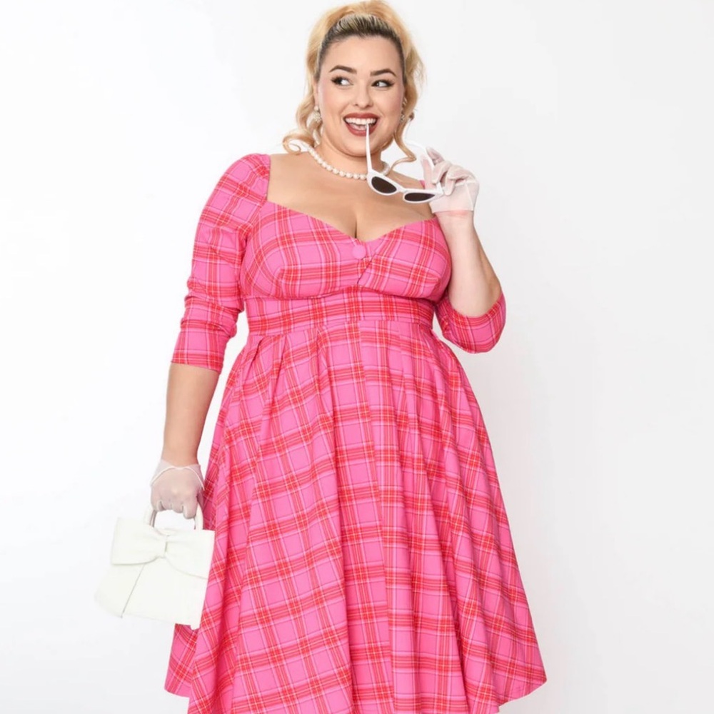 Unique Vintage Pink Plaid Fit-and-Flare Midi Dress